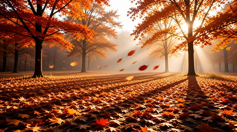 Sunlight streams through orange autumn maple trees onto a carpet of fallen leaves with a few leaves caught midair.