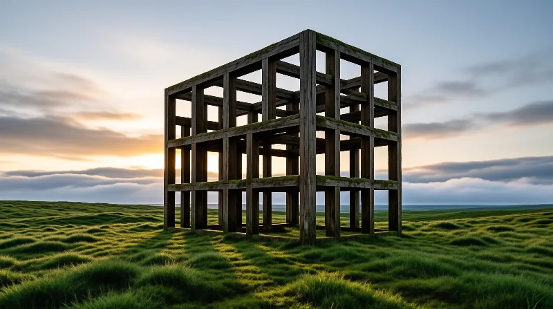 A weathered timber frame stands isolated in a lush green field while the sun sets behind distant clouds under golden light.