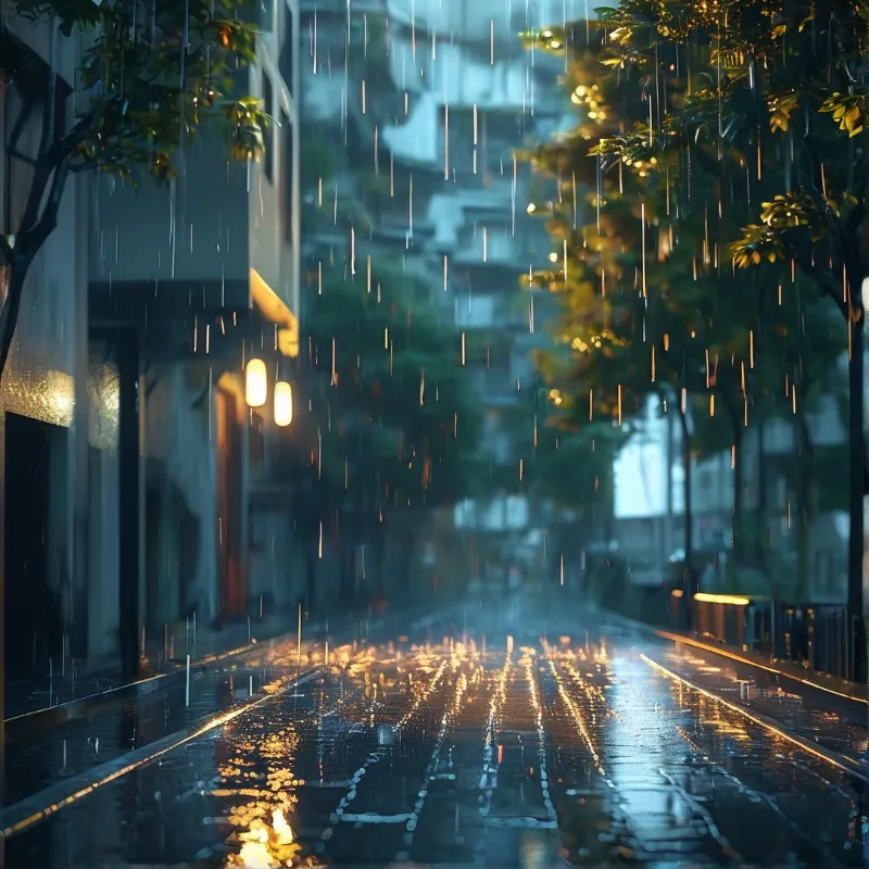 Vertical rain lines obscure a wet street where warm yellow lamps cast reflections on the dark pavement.
