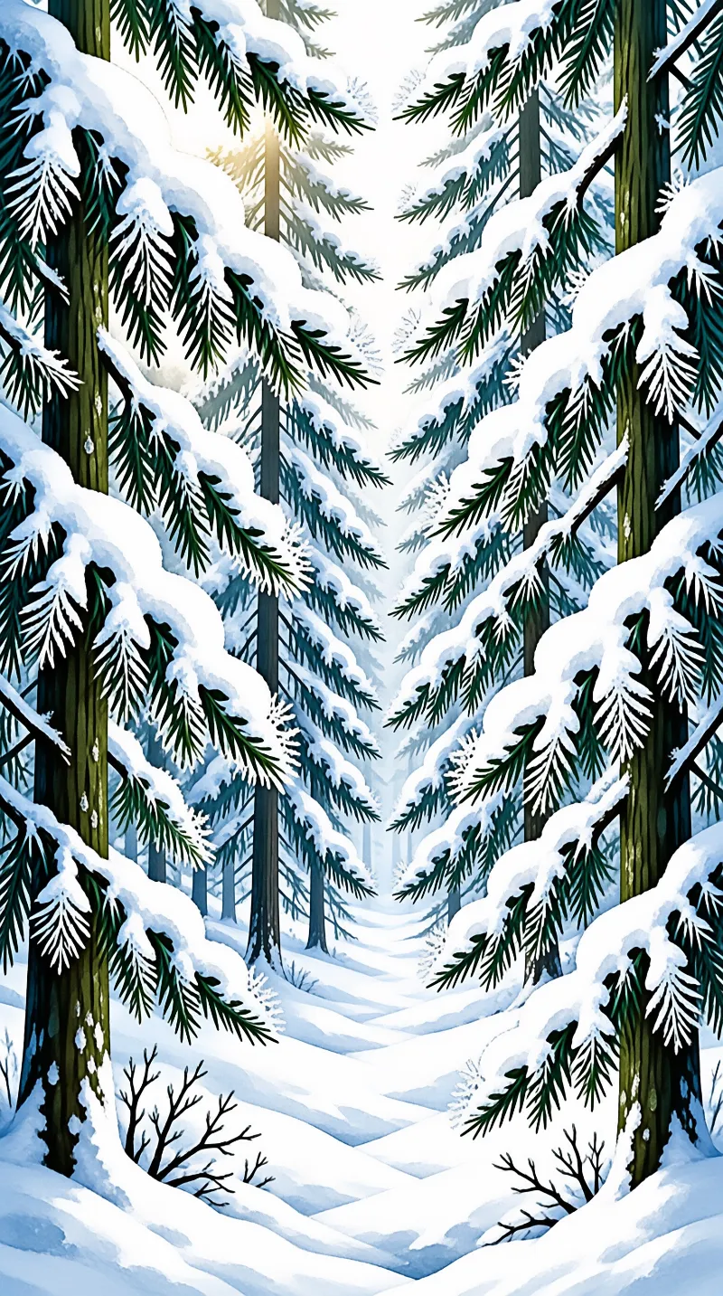A dense forest of tall evergreen trees stands blanketed in thick white snow under a bright sky with blue shadows.