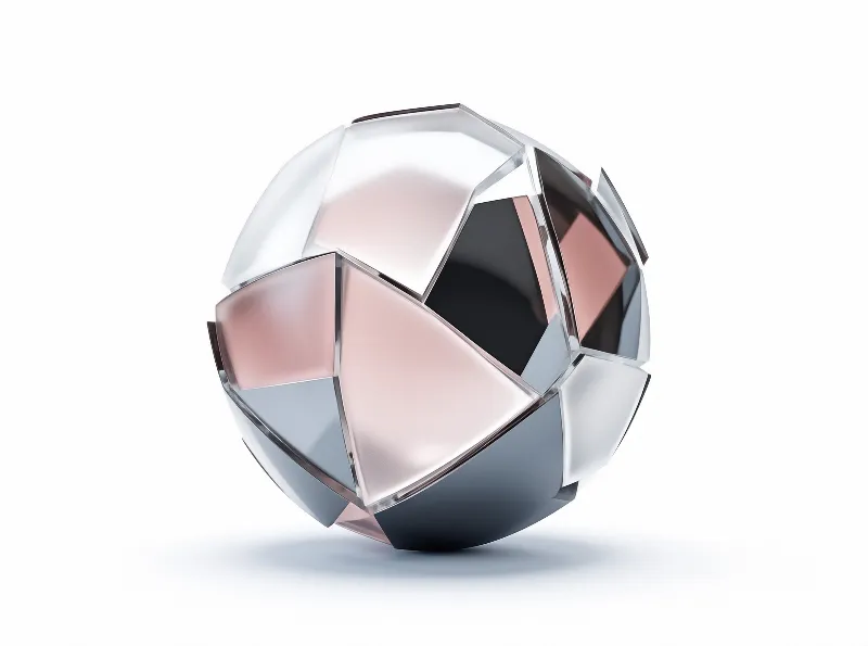 A faceted sphere of pink and silver glass floats against a white background with a soft shadow below.