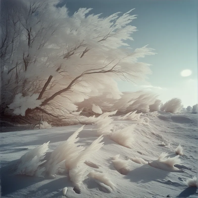 Bare winter branches lean over drifts of snow where fine icy fibers fan outward like feathers in a pale low sun.
