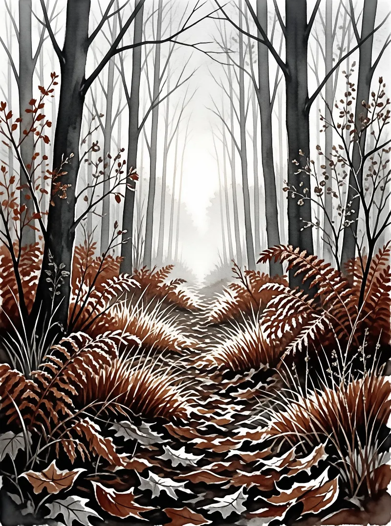 A watercolor painting of a leaf covered path between tall dark trees with red ferns and a bright hazy clearing ahead.
