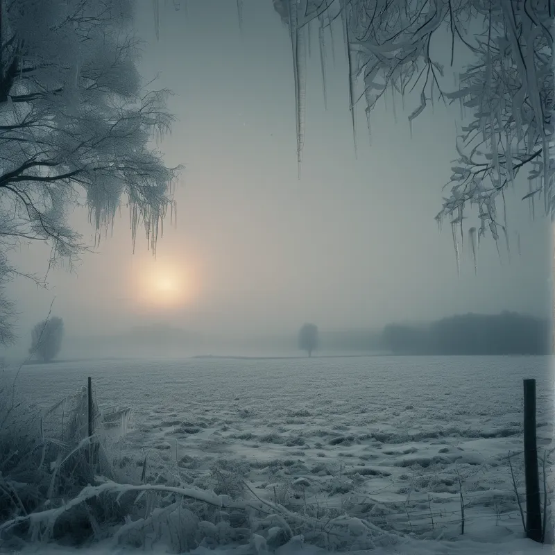 Icicles hang from trees framing a foggy snowy field with a low sun glowing softly in the distance.