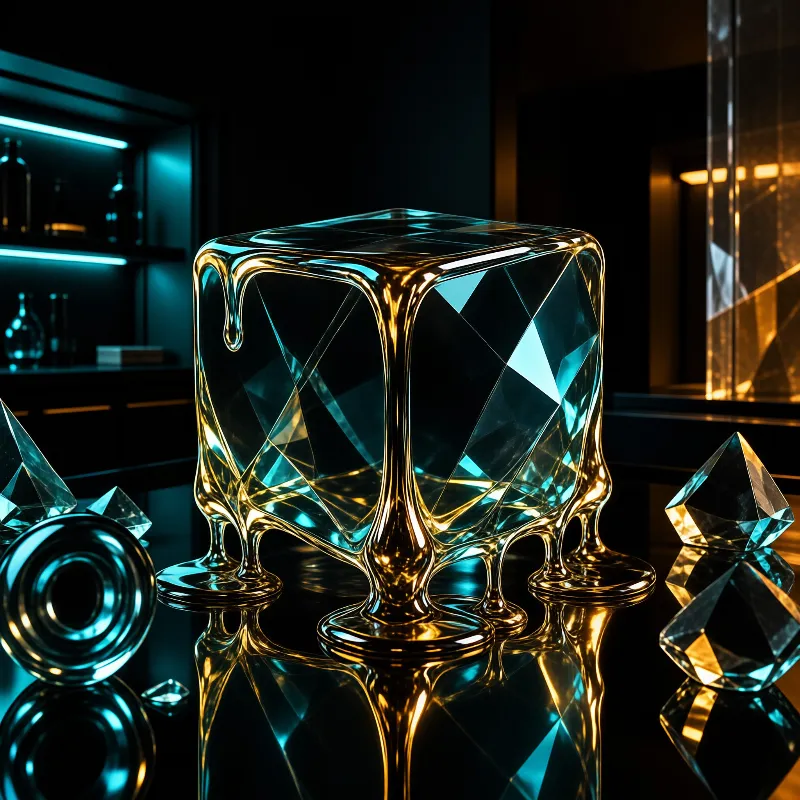 A glossy gold and blue geometric object rests on a reflective black surface surrounded by crystal shards and bar shelves.