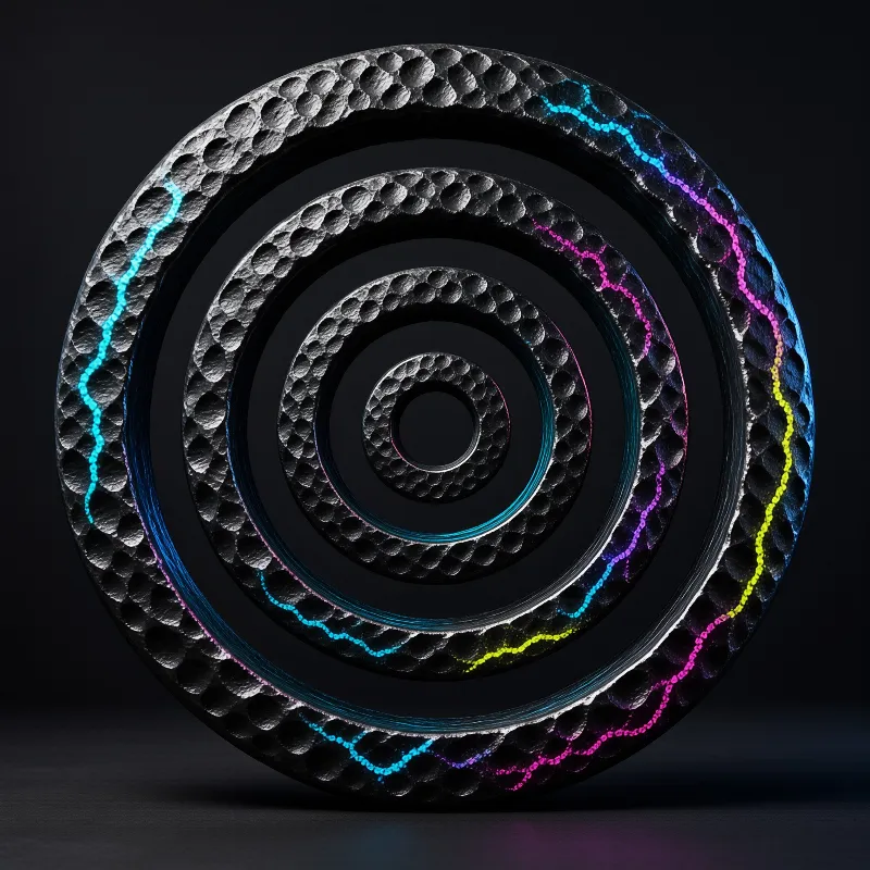 A circular metallic structure featuring concentric textured rings and bright neon light trails against a dark background.