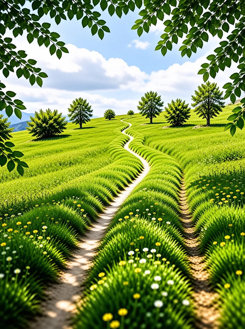 A narrow trail curves between lush green ridges dotted with young trees and small white and yellow wildflowers