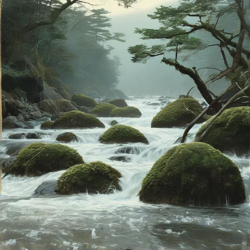 A rushing river flows past large rocks covered in thick green moss, surrounded by misty pine trees and soft natural light.