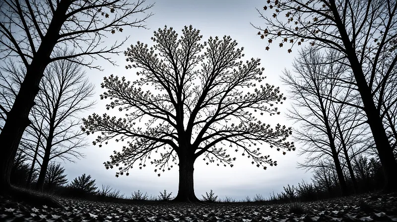 Silhouetted deciduous tree centered in bare autumn woods, dim overcast grey sky behind, fallen leaves cover the dark ground.
