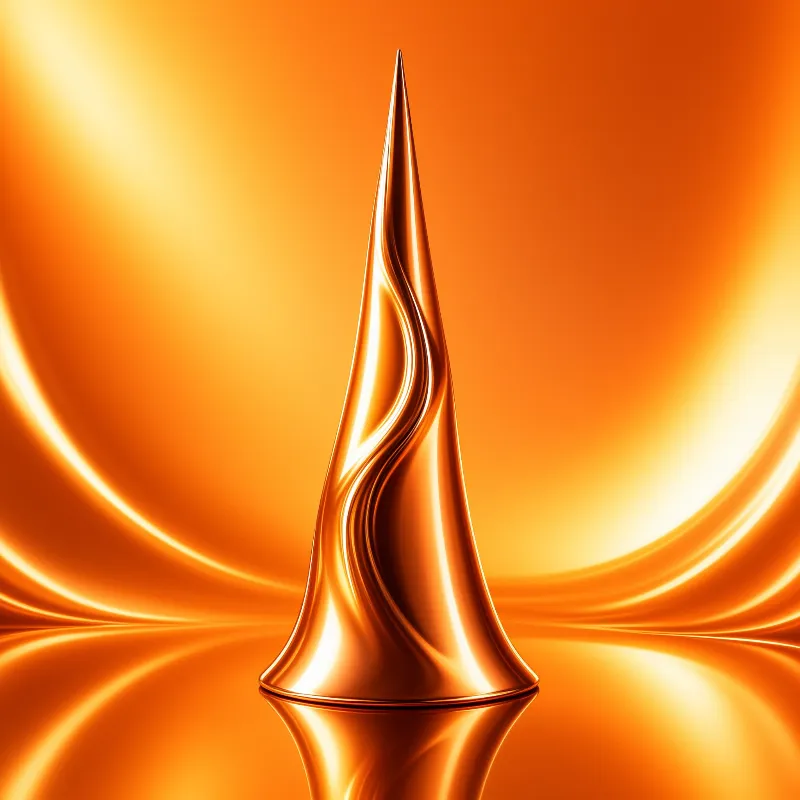 A twisted metallic tower stands tall against a background of glowing orange waves and bright highlights.