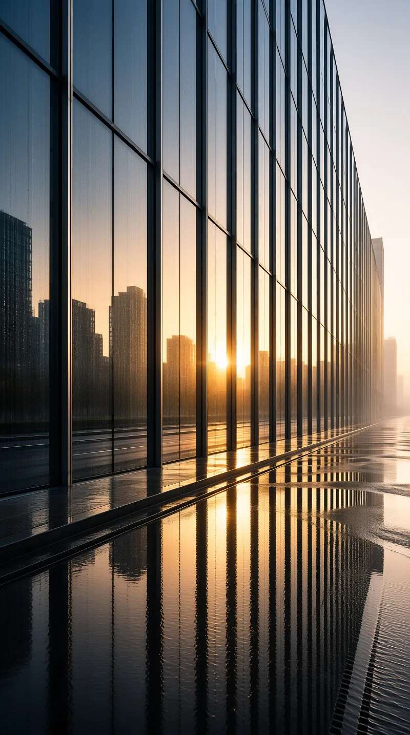 Wet ground mirrors warm sunset light on a modern skyscraper exterior revealing distant urban structures.