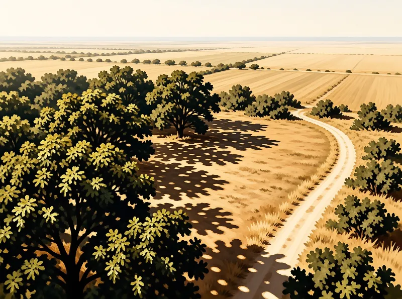 A pale track bends between harvested grain plots while leafy oaks throw dotted shadows on dry grass