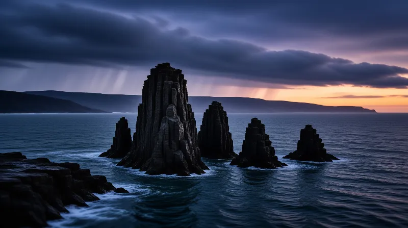 Black basalt sea stacks rise from deep blue sea at dusk, orange sunset glows behind clouds casting sunbeams across the water.