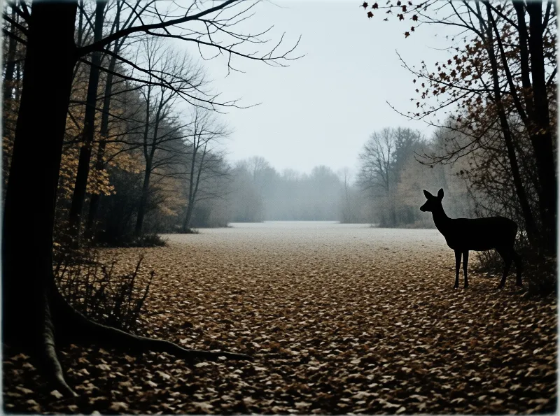 A lone deer stands on the edge of a misty frozen lake surrounded by bare autumn trees.