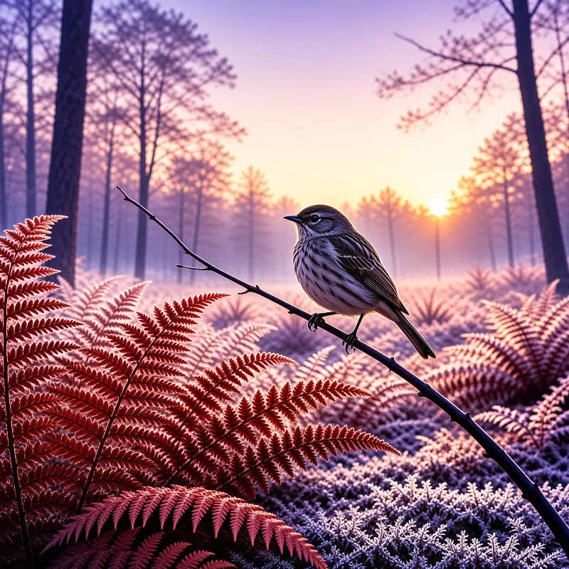 A streaked bird perches on a branch above red ferns in a purple forest as the sun rises through the mist.