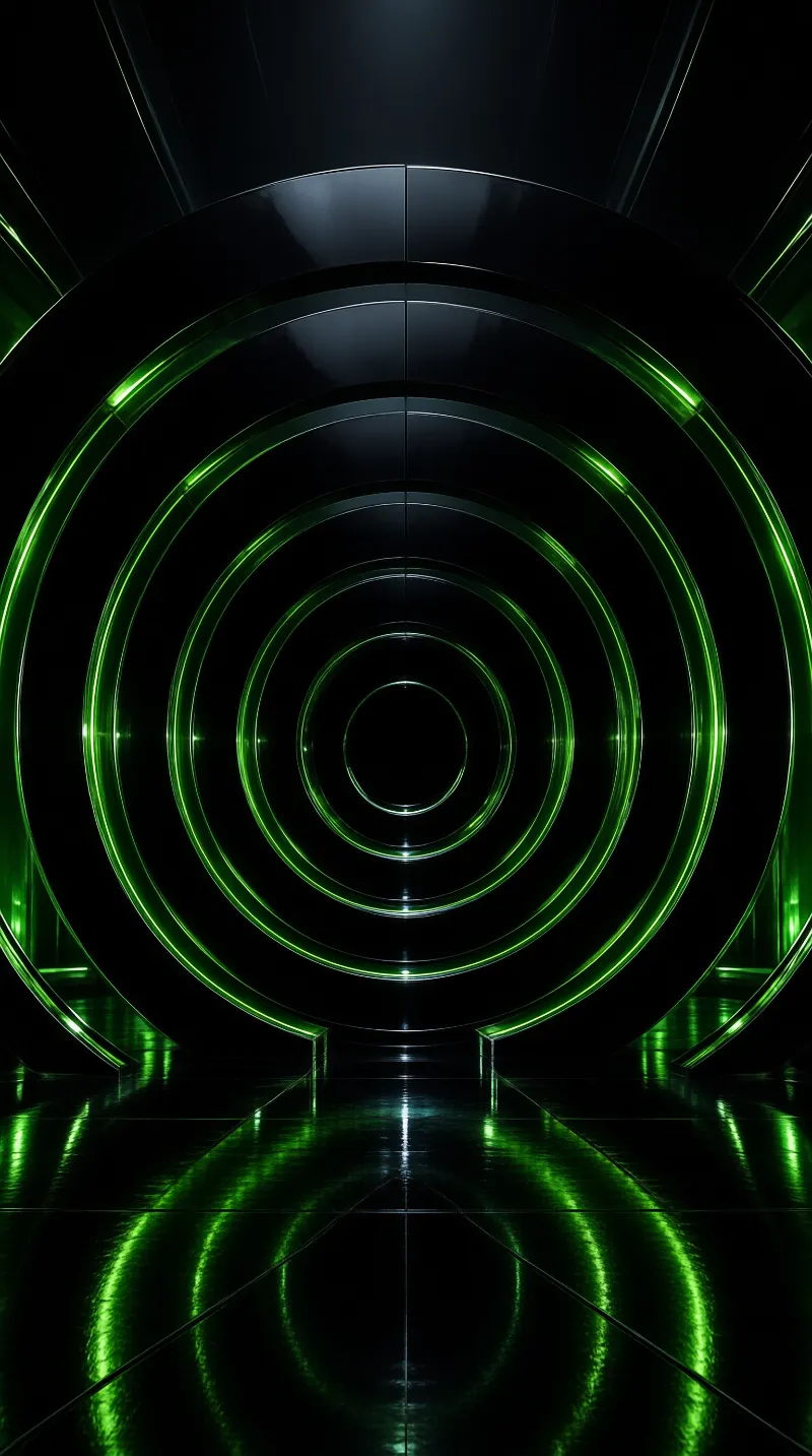 Dark cylindrical corridor displaying receding green neon rings with glossy floor reflections.