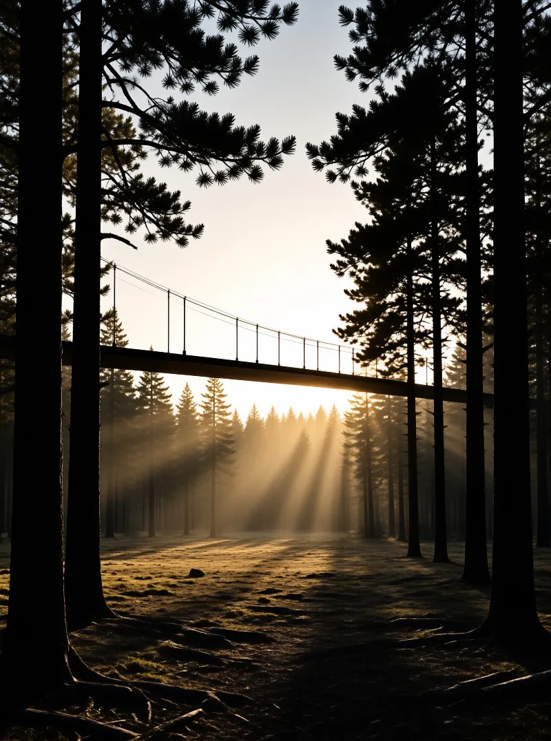 A dark elevated walkway crosses a dense forest while golden light rays pierce through the foggy trees at ground level.