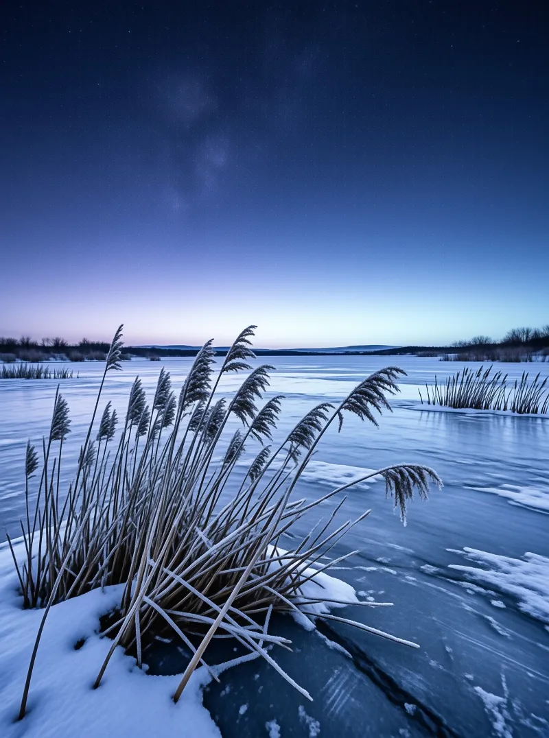 Bundles of snow-dusted reeds lean over a frozen lake beneath a deep blue starry winter sky.