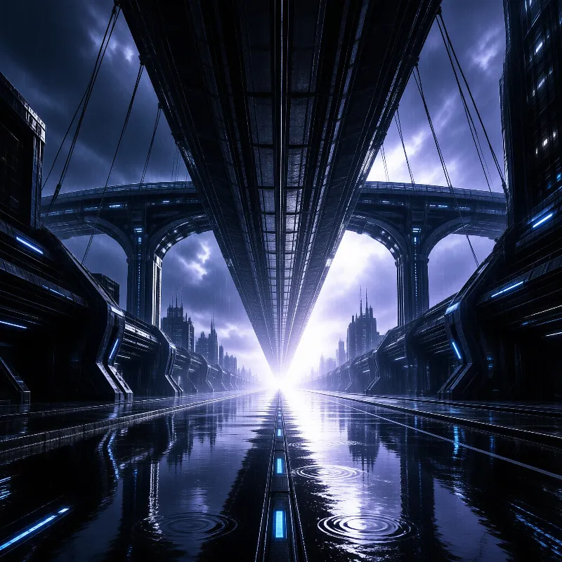 A rainy futuristic city street with a wet reflective road leading toward a bright horizon under large metal bridges.