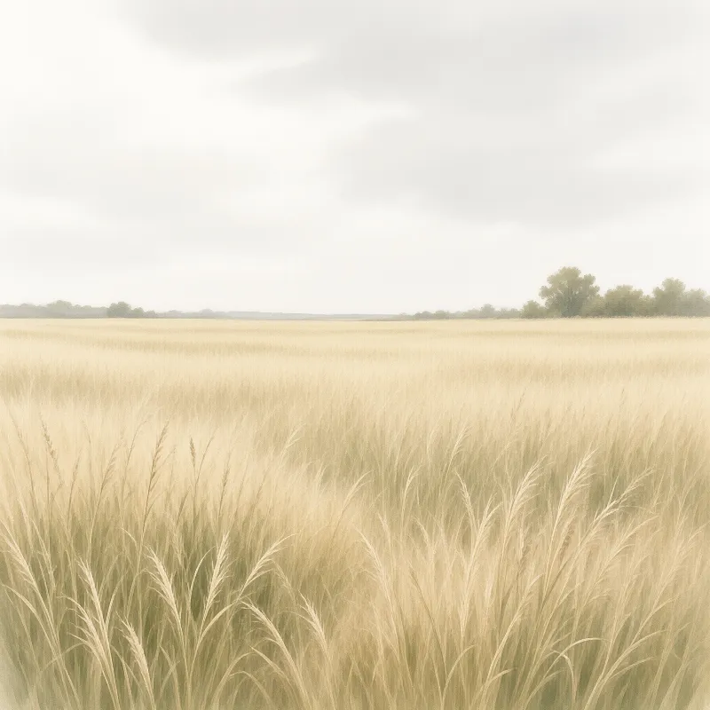 A vast golden grass field stretches to a distant tree line beneath a pale cloudy sky rendered in muted painterly tones