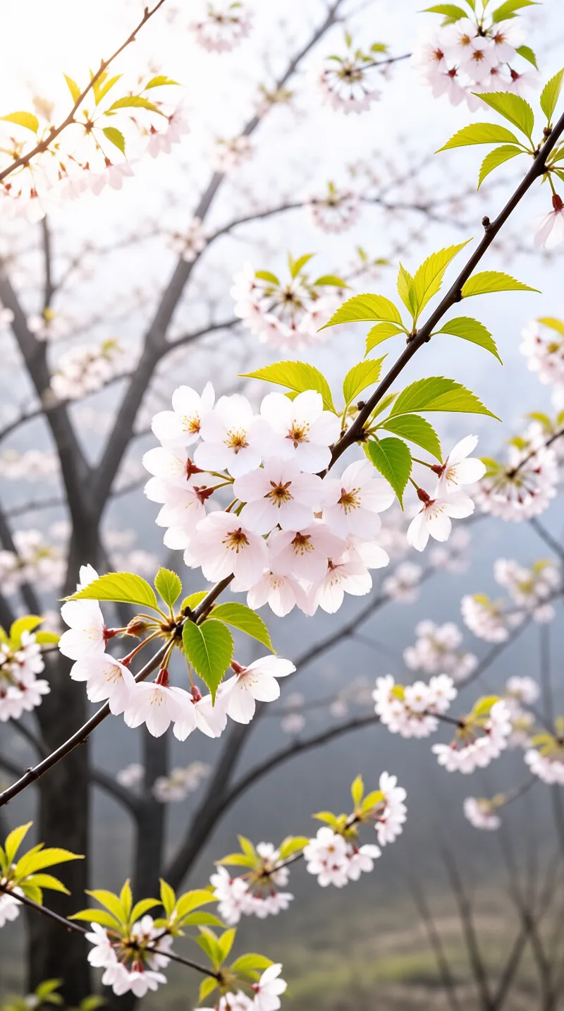 Clusters of pale pink cherry blossoms with fresh green leaves extend from a dark branch against a hazy blurred background.