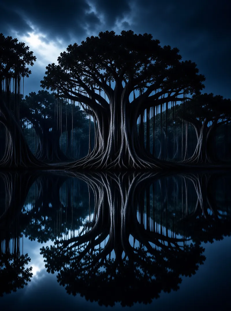 A dark blue night scene shows a large tree with hanging vines mirrored perfectly in still water beneath a moonlit sky.