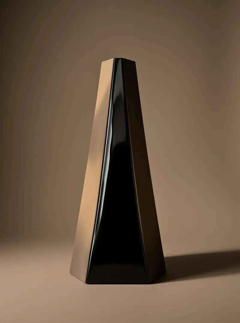 A glossy faceted black pillar with bronze panels stands on a plain brown backdrop, shadow falls to the right.