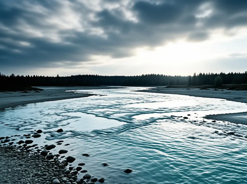 A wide shallow river reflects a heavy grey sky as it bends toward a distant line of pines.