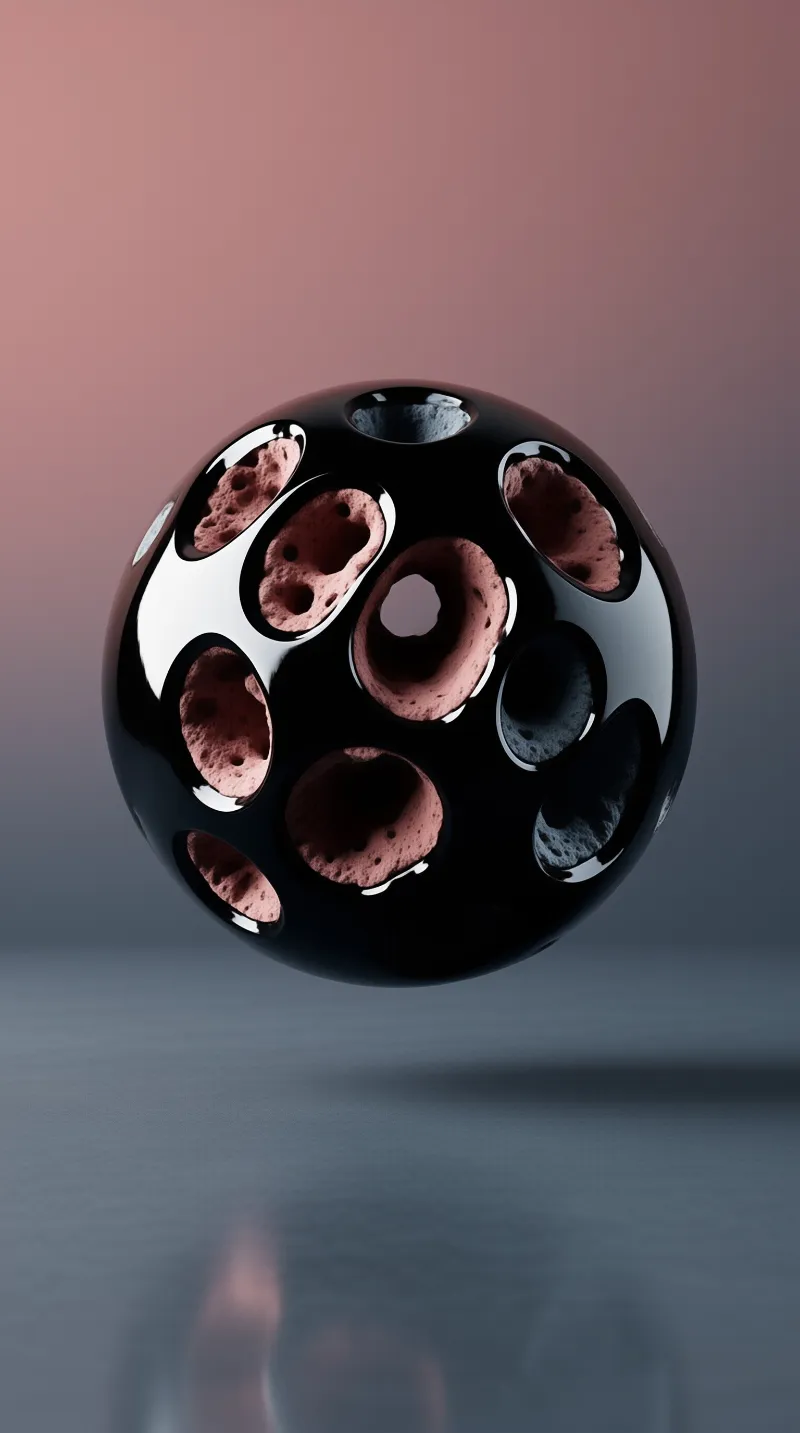A polished black orb floats above a soft gradient, its round openings revealing a rough coral-pink stone interior.