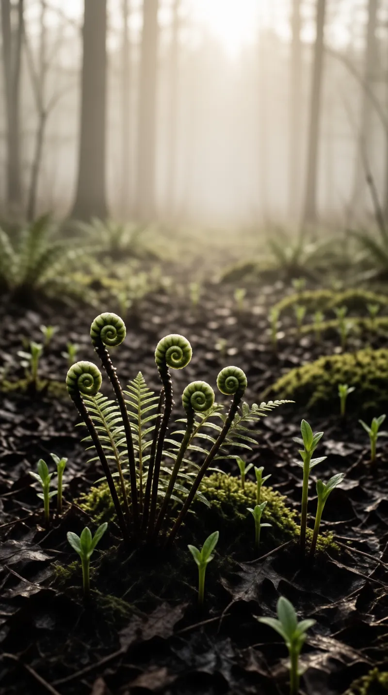 Young fern fronds unfurling from a bed of dark forest leaves under a gentle foggy atmosphere.