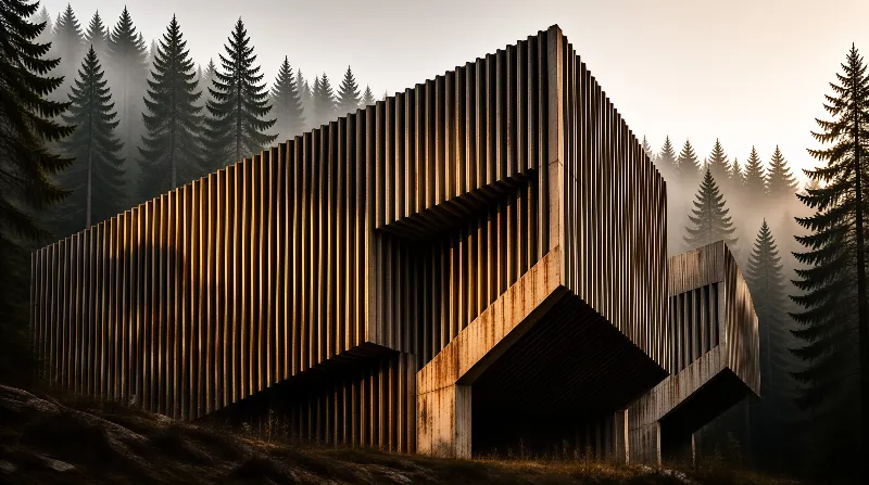 A slatted pavilion sits on a forested slope, its sunlit golden slats glowing against fog-shrouded conifer trees at sunrise.