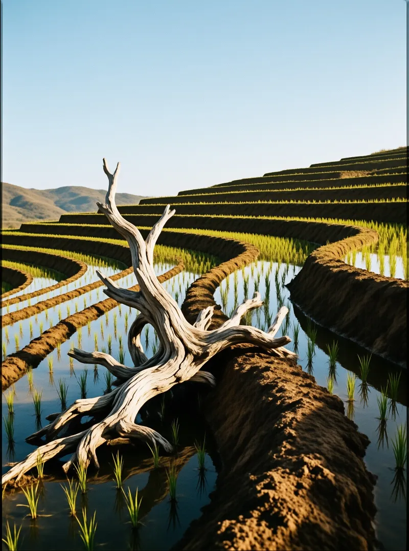 A bleached tree trunk lies across a muddy ridge in flooded rice terraces reflecting the pale sky.