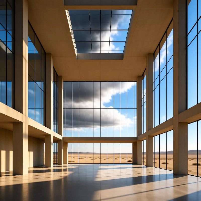 A minimalist beige interior features floor-to-ceiling windows looking out onto a flat sandy landscape under a blue sky.
