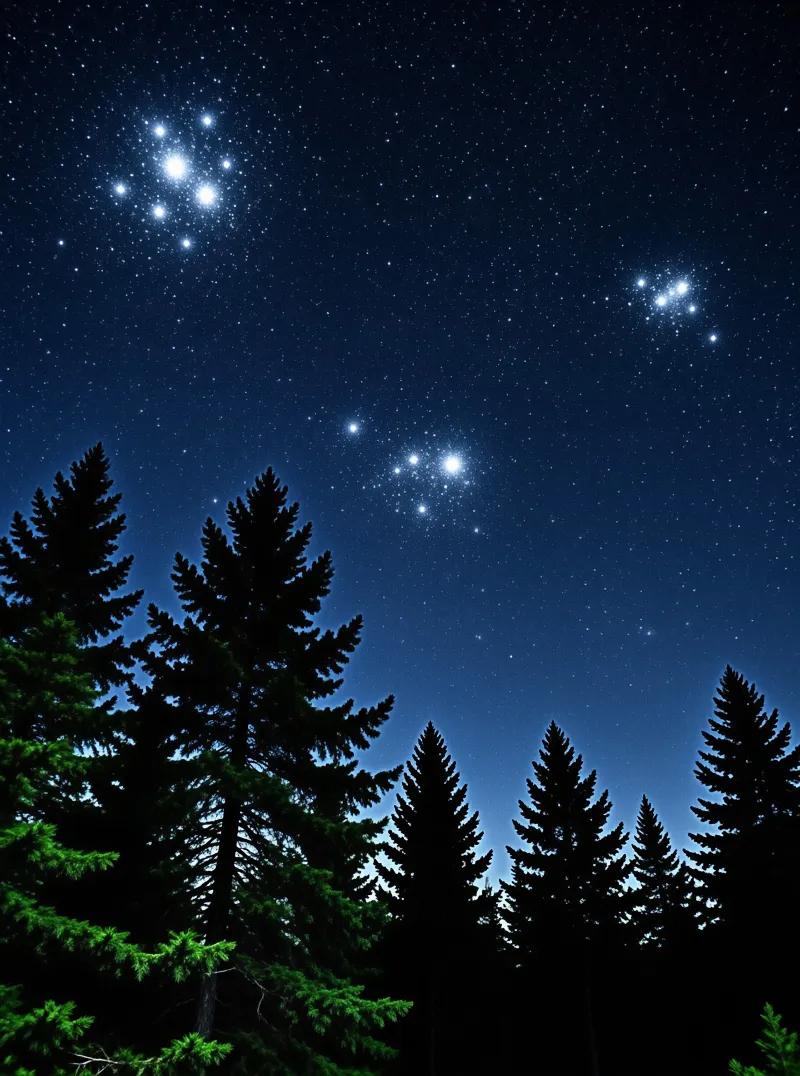Dark pine tree silhouettes frame a deep blue sky filled with bright stars and star clusters.