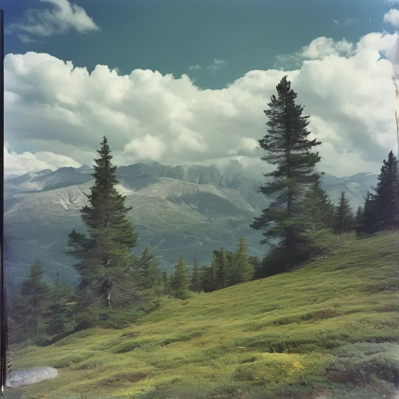 Tall evergreen trees stand on a grassy slope overlooking distant mountains under a bright cloudy sky.