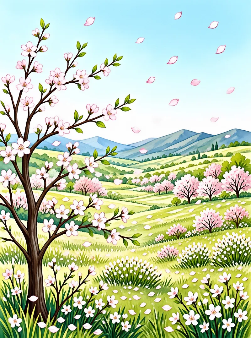 A large flowering tree stands in a bright green valley with mountains in the distance and petals floating in the air.