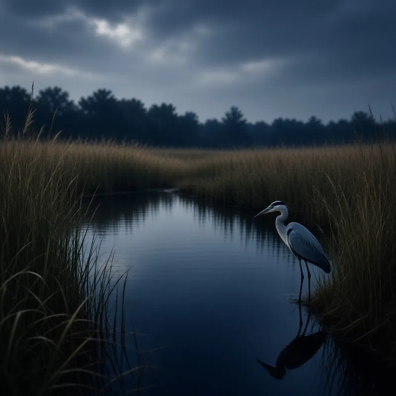 A grey heron stands in shallow water lined with tall dry grass under a dark cloudy evening sky