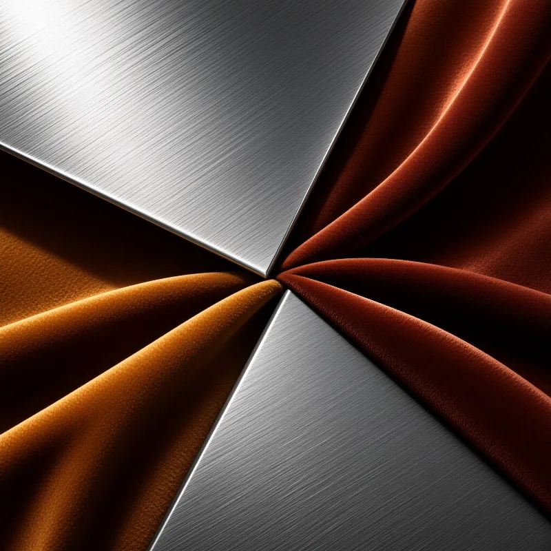 Brushed steel angled plates meet saturated warm velvet folds at a central sharp junction.