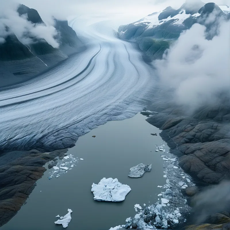 A massive glacier winds through a valley between dark peaks before melting into a lake filled with drifting ice chunks.