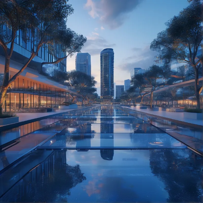 A long reflecting pool stretches through a modern plaza showing skyscraper reflections under a blue twilight sky.