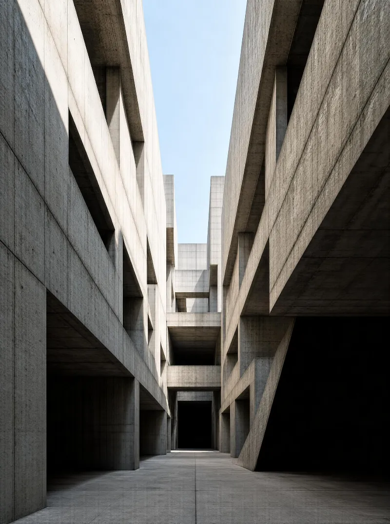 A concrete building alley with layered concrete structures casting strong shadows under bright daylight