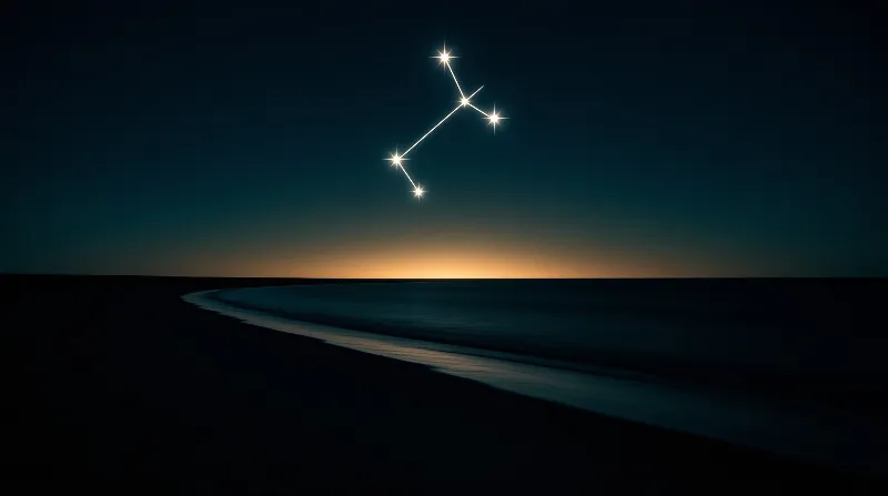 Thin white lines connect bright stars above a dark beach where orange twilight remains on the horizon.