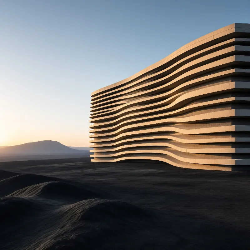 Modern architecture with undulating horizontal bands stands against a dark terrain under a twilight sky.