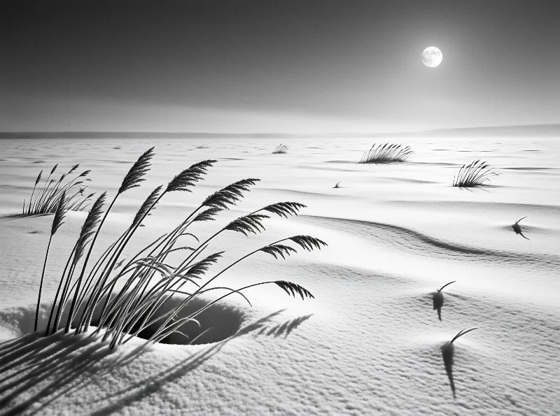 Dark silhouettes of tall grasses stand in a vast snowy field beneath a bright full moon.