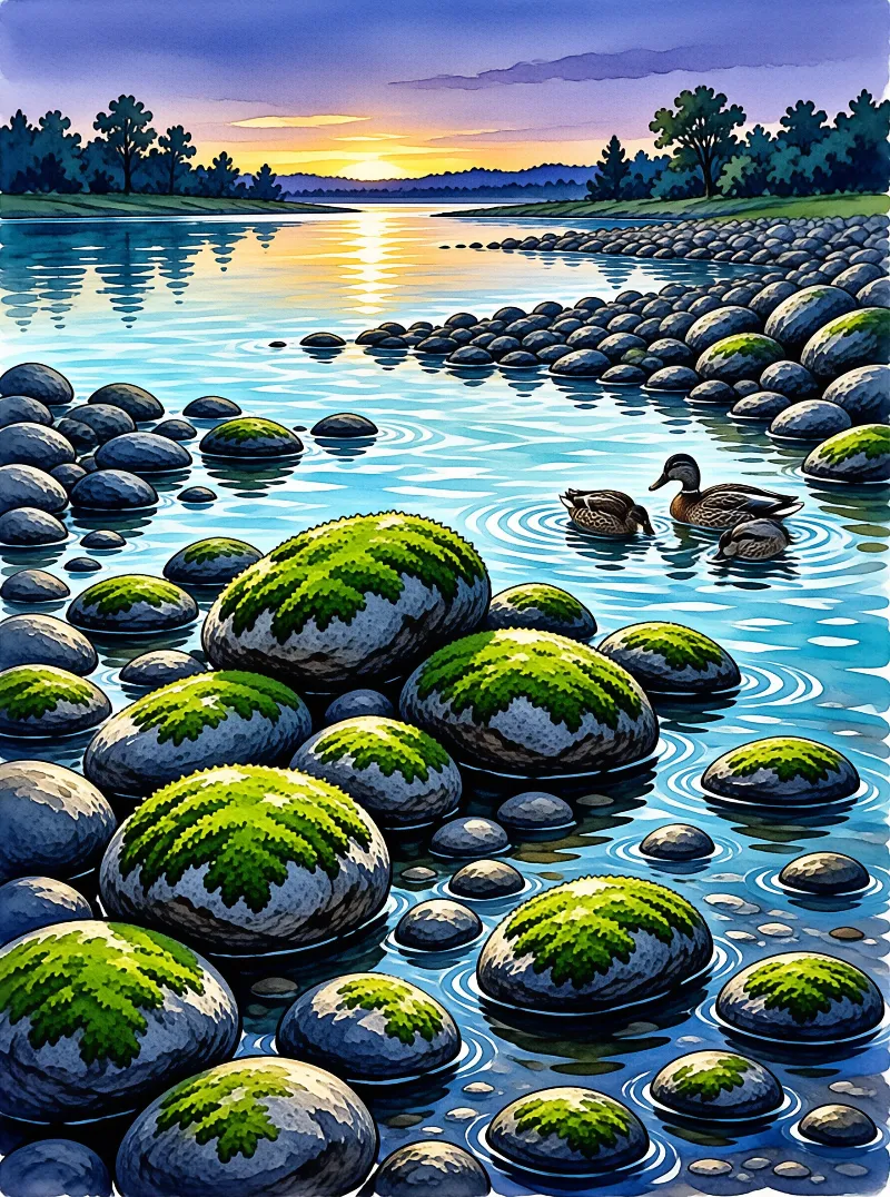 A pair of ducks swims between moss-covered river stones at sunset, with golden light reflecting across the blue water.