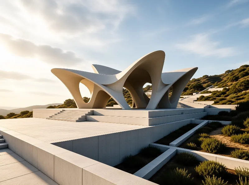 A massive white curved architectural form rests on tiered terraces surrounded by dry vegetation and blue sky