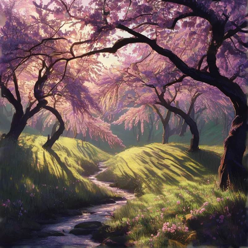 Pink cherry blossom trees form a canopy over a grassy valley with a small stream reflecting the light