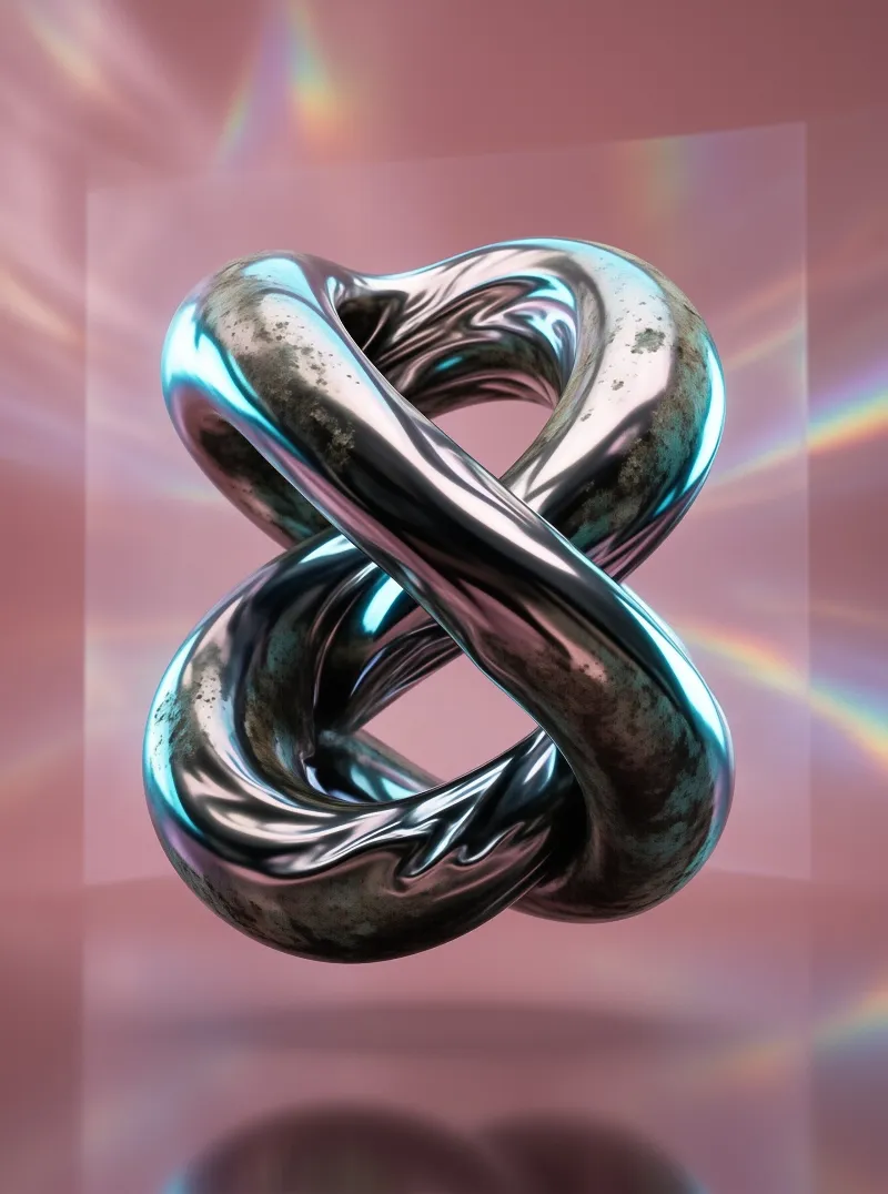 A reflective twisted metal torus knot floats against a soft pink backdrop lit with faint prismatic rainbow light.