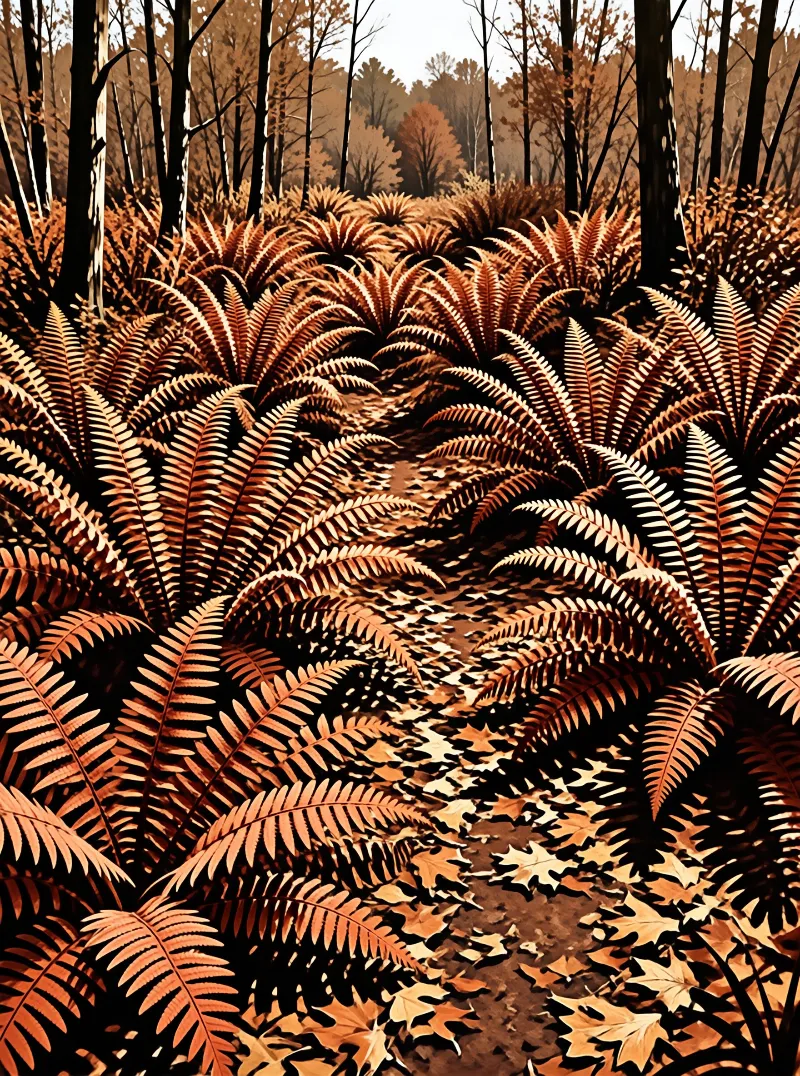 A winding dirt path covered in fallen leaves is surrounded by tall brown ferns and thin trees under bright sunlight.