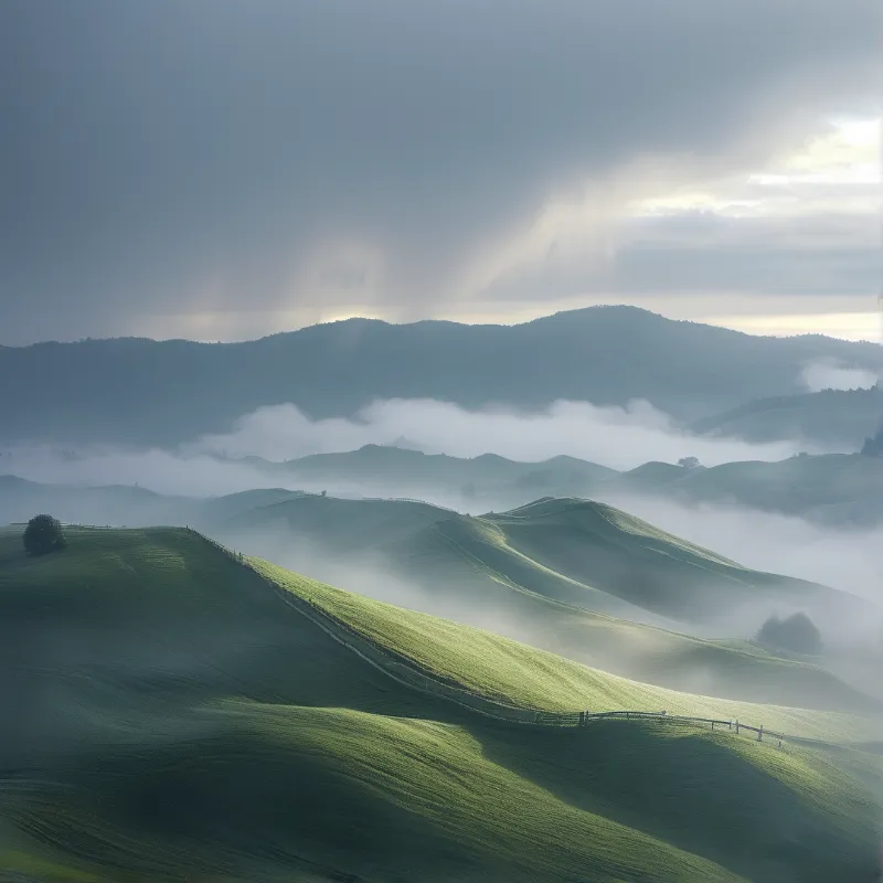 Rolling green hills shrouded in low-lying fog are lit by dramatic sunbeams piercing through the overcast sky.